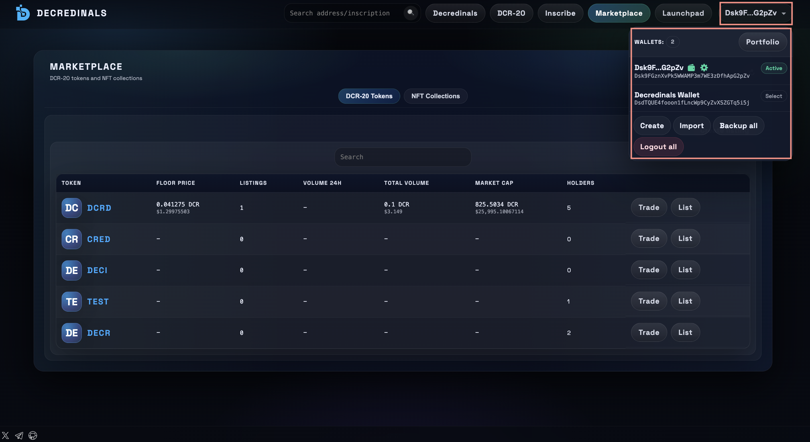 Open wallet manager dropdown