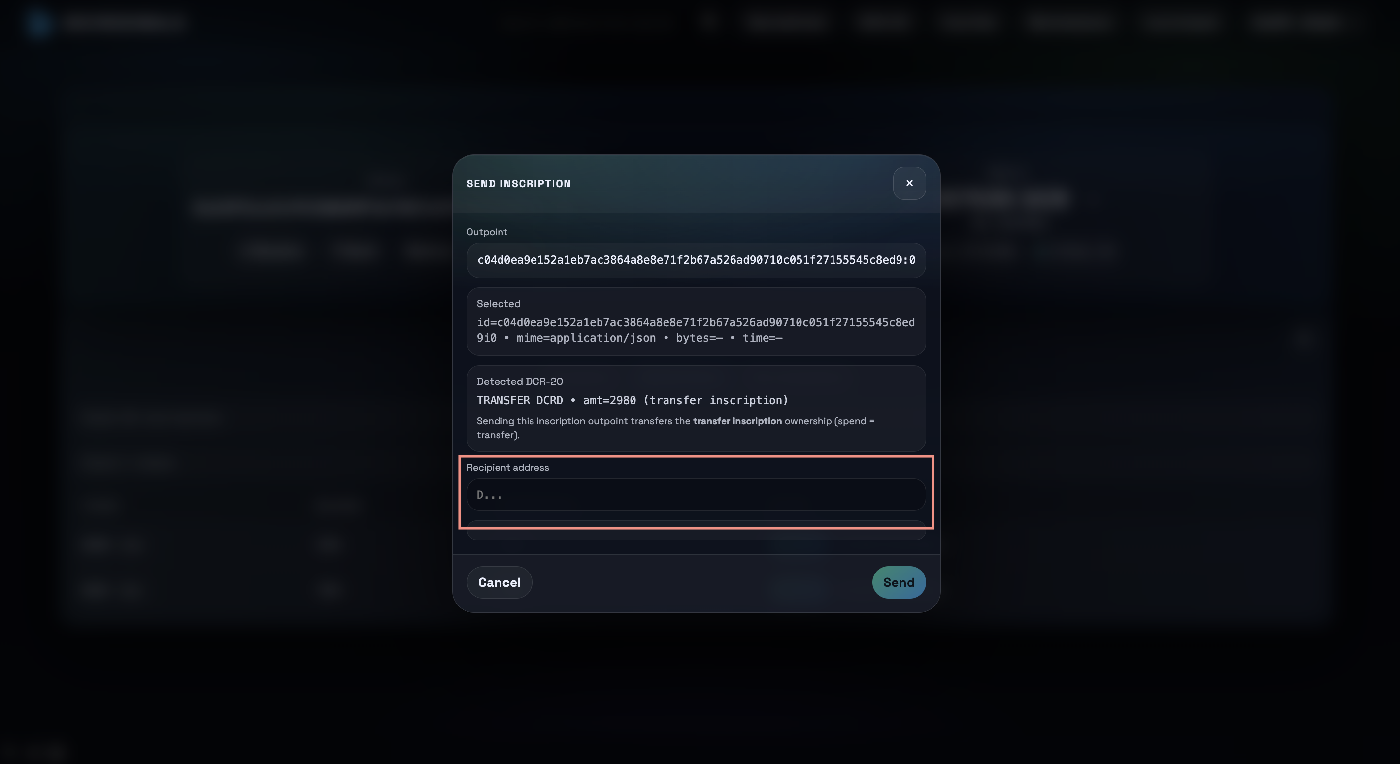 Send inscription modal recipient