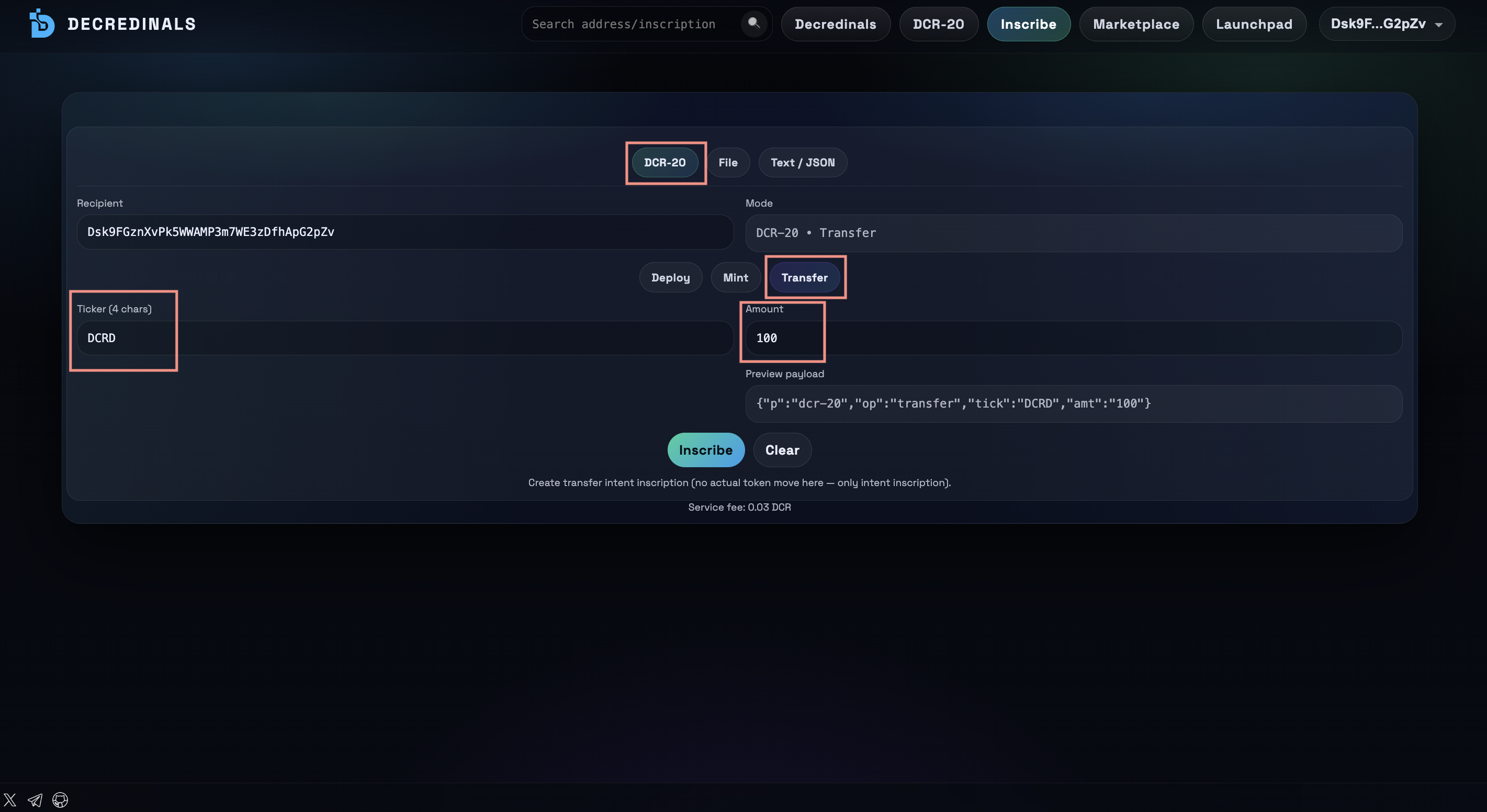 Create transfer intent