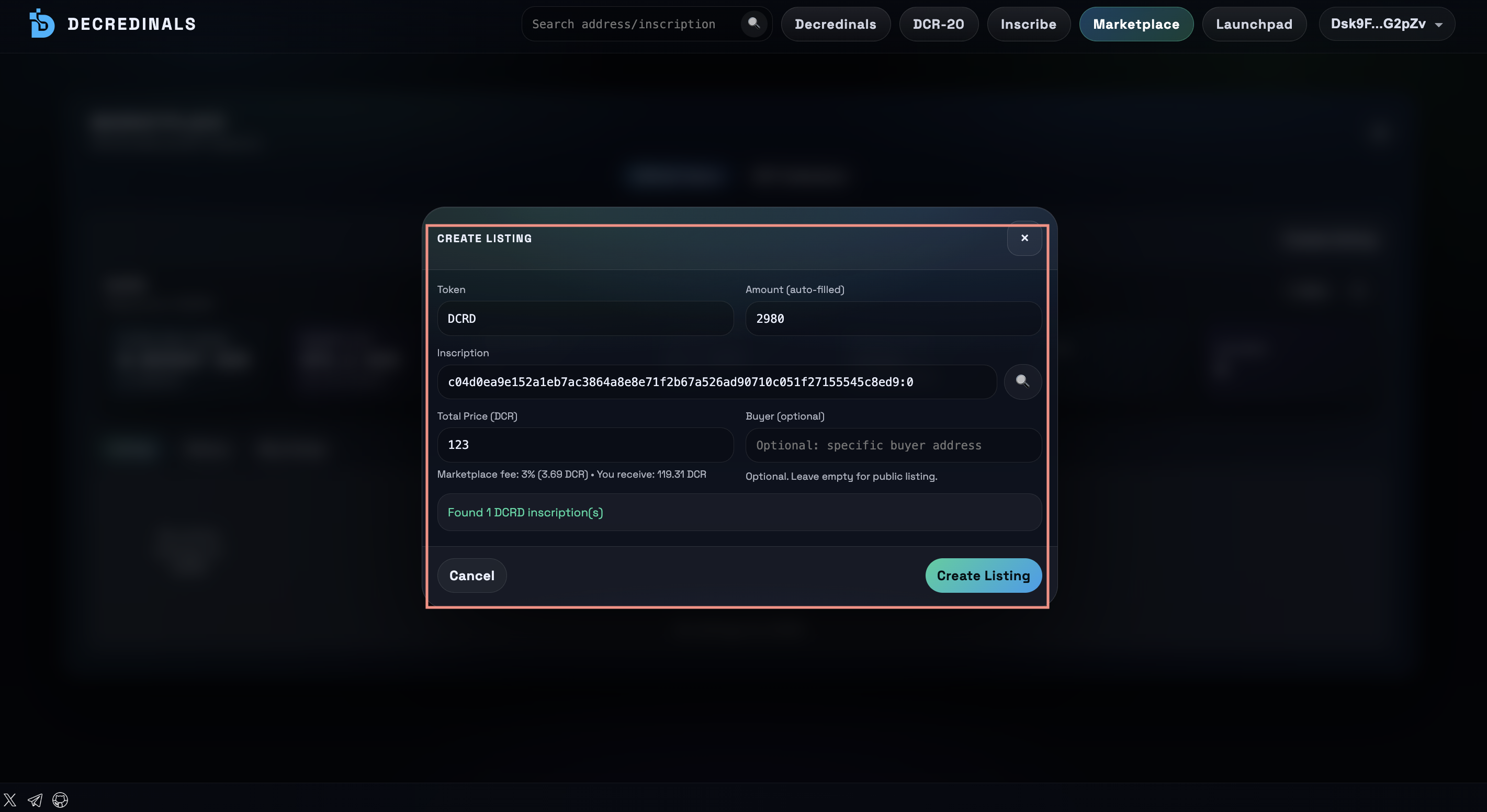 Create listing modal for DCR-20 token