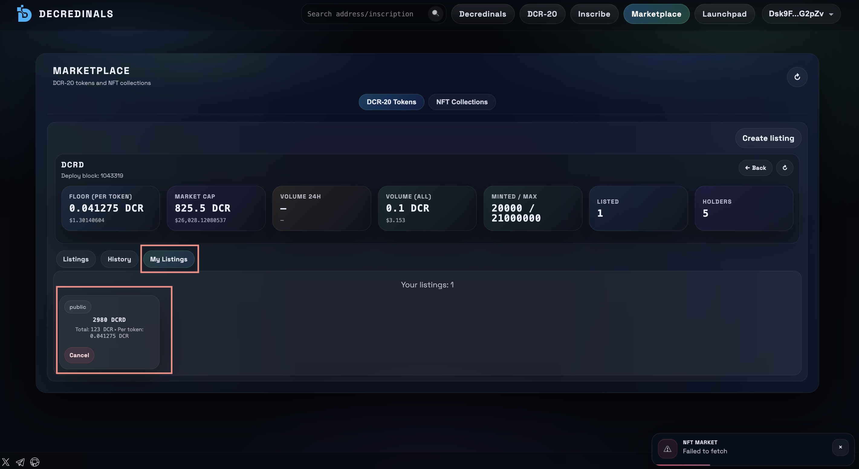My token listings with cancel action